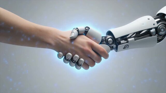 Glow Particle human hand into robot hand on a white background. High resolution.