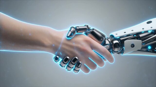 Glow Particle human hand into robot hand on a white background. High resolution.
