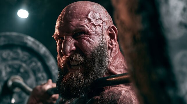 35. An intense powerlifting shot of a man squatting a massive barbell. Face red from exertion, veins popping on the neck and forehead, sweat dripping from the chin, heavy iron plates bending 