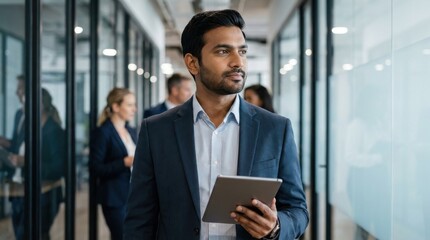 Fototapeta premium Indian businessman holding digital tablet walking in modern office corridor