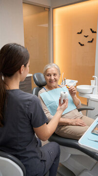Halloween Dental Prevention Consultation With Senior Patient Tooth Model and Candy