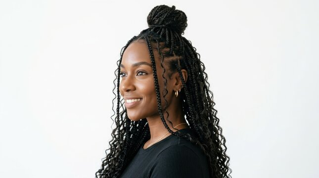 Young Black woman with braided hairstyle smiling profile portrait