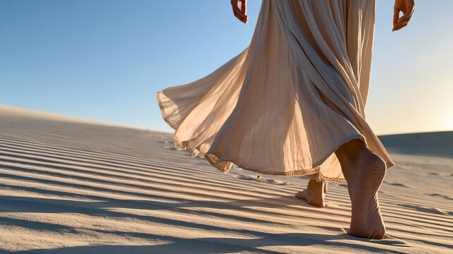 Faceless woman walking barefoot across soft desert sand, flowing dress and long shadows at sunset, serene travel lifestyle, mindfulness, summer vacation, desert photography,