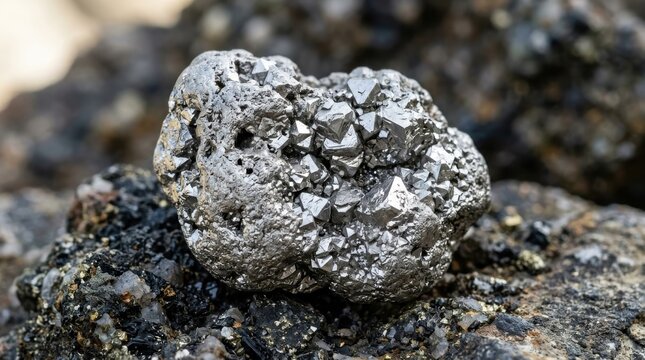 Raw pyrite crystal cluster mineral specimen on rock