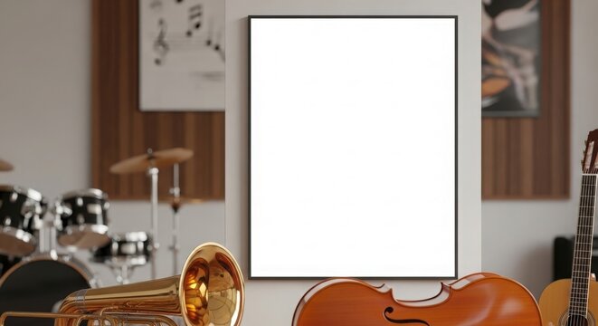 Blank white canvas surrounded by various musical instruments in a studio setting.