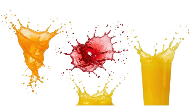 Set of colorful fruit juice splashes isolated on transparent background