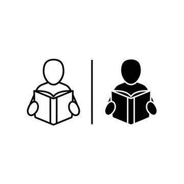 Minimalist reading person icon set, black and white student study vector, simple book reader silhouette for education apps
