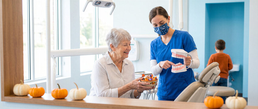 Family Dental Halloween Education With Senior Patient Candy Bowl and Tooth Model