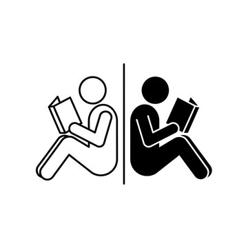 Minimalist reading person icon set, black and white stick figure book reader vector, student studying pictogram for education