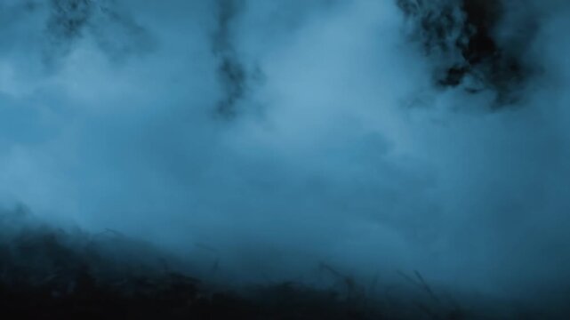 Blue fog rolls and rises across hillside at night, softening grassy terrain and partially hiding shrub silhouette while layered mist drifts through foreground with eerie atmosphere and low visibility
