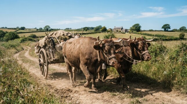 Oxen pulling a loaded wooden cart on a rural dirt road through fields