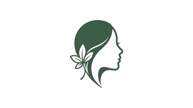 Minimalist woman side profile face logo with green leaf accents isolated on white background. Elegant vector icon for beauty salon, spa, skincare, natural cosmetics, and wellness branding.