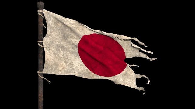 Worn and tattered japan flag waving in slow motion on a rusty pole