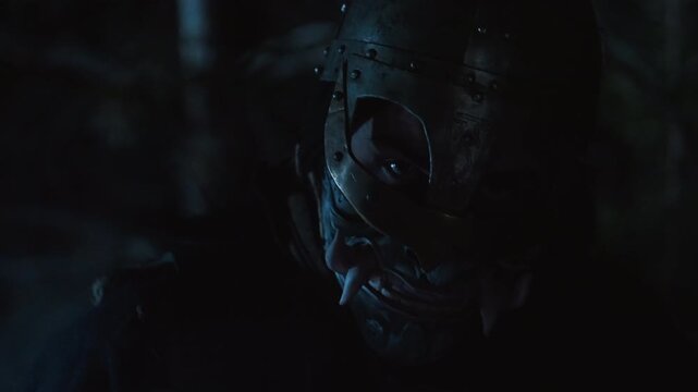Close three quarter motion view of masked figure lowering head into shadow, with slow tilt, subtle rotation, rim lit edges, dark contrast, and tense cinematic mood, with mask, masked, shadow, dark