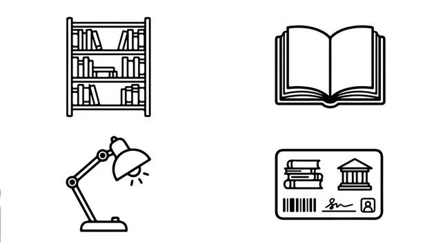 Four education library icons isolated on transparent background