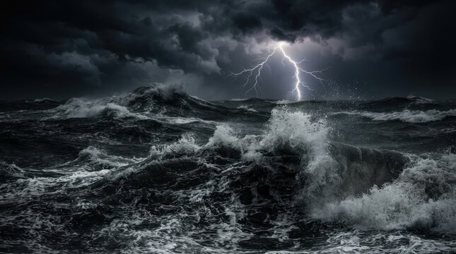 Violent ocean storm with crashing waves and lightning in dark sky