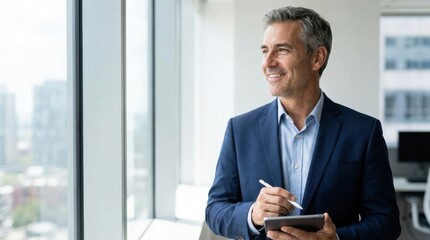 Fototapeta premium Confident businessman looking out office window holding tablet