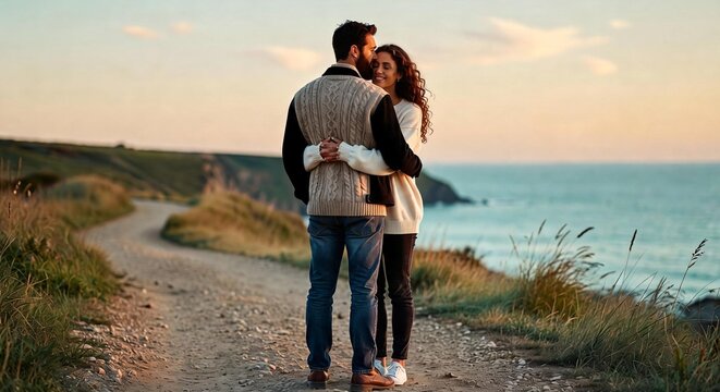Romantic couple embracing each other with tenderness and affection, expressing love, closeness, emotional connection, and intimacy.