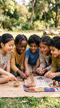 Multicultural group of children sharing traditional homemade games from different cultures, cultural exchange and friendship, simple outdoor setting, inclusive Children's Day concept