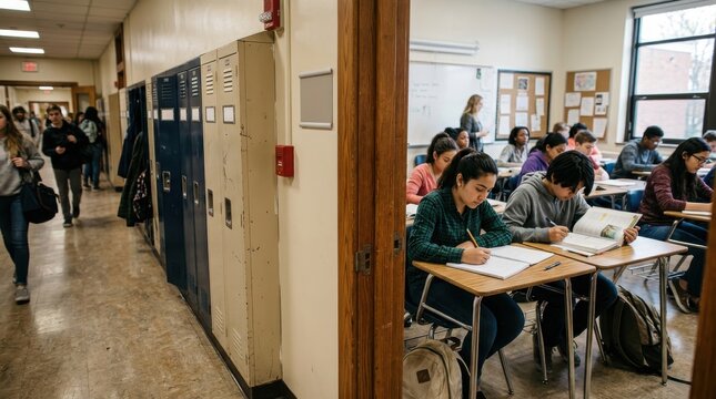 High school students studying in classroom and hallway with lockers