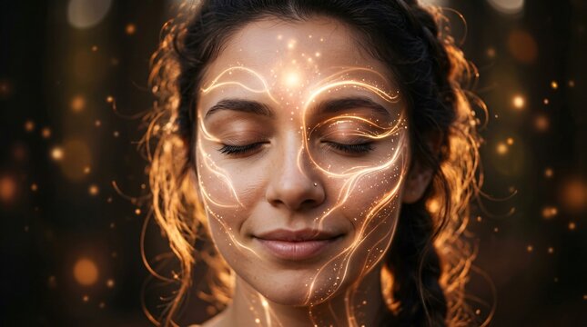 Peaceful woman meditating with glowing golden energy lines on face, spiritual enlightenment, mindfulness concept, inner peace and aura healing.