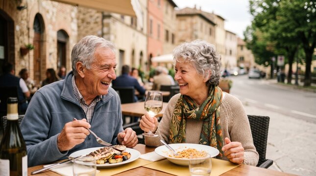 Happy senior couple laughing over Italian food and white wine at an outdoor restaurant in a charming town