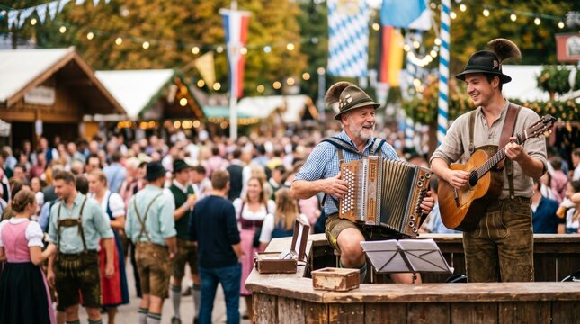 Traditional Bavarian musicians playing accordion and guitar for a lively Oktoberfest crowd outdoors