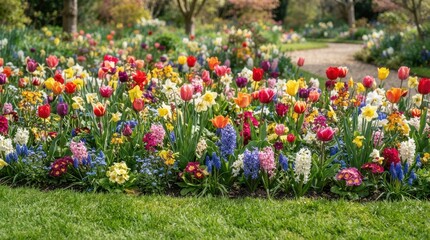 Obraz premium Vibrant spring garden bed blooming with colorful tulips, hyacinths, and daffodils