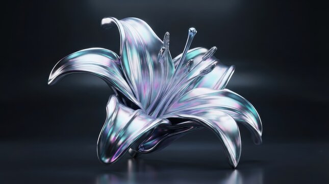 Metallic lily flower sculpture with iridescent reflections