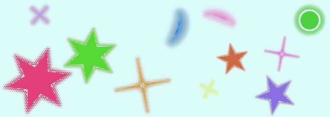 Fototapeta premium Colorful halftone pop art shapes with vibrant stars and circles for creative background.