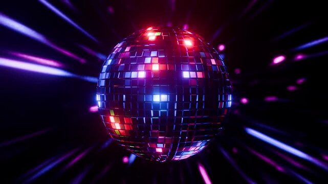 Seamless disco ball VJ loop with retro neon glow, laser light rays, and sparkling reflections. Ideal for retro disco clubs, DJs, VJ backgrounds, VFX, motion graphics, and stage intro visuals anytime