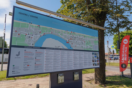 Jurmala, Latvia - June 21, 2026: Tourist information board with a city map in Jurmala city on a Baltic Coast