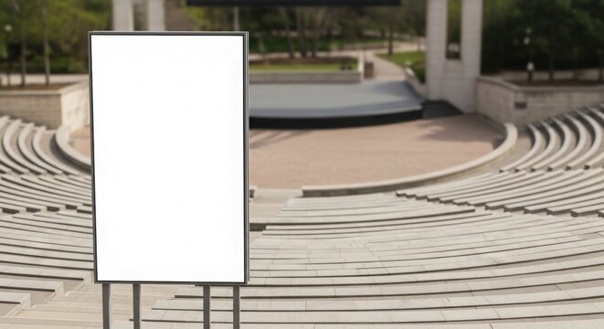 A blank white sign stands in front of an empty outdoor amphitheater with curved concrete seating.
