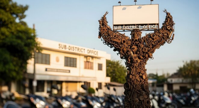 A unique metal sculpture with a billboard on top stands in front of a sub-district office building and parked motorcycles.