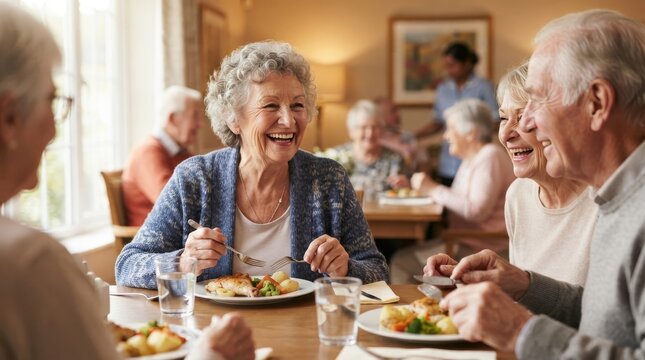 Happy elderly people eating a meal together in a dining room