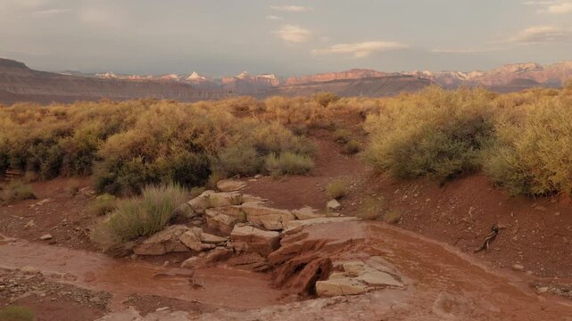 Run off water full of silt from a heavy summer rainstorm flows over a sandstone ledge in a ravine in the desert below the distant mountains of Zion National Park in Utah USA at sunset.