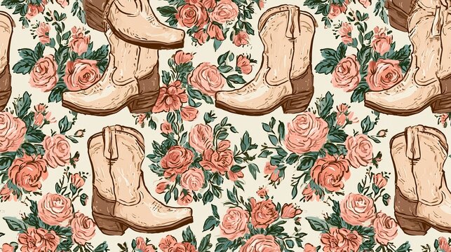 Cowboy boots and liberty flowers make a smooth, repeating design. Hand-drawn flowers create a charming backdrop. This works well for fabric, walls, or baby rooms.