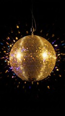 Obraz premium Golden disco ball sparkling with bright reflections in the dark