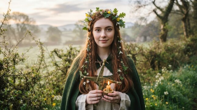 Young woman in green cloak holding candle and woven cross in countryside