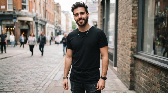 Handsome young man standing on a cobblestone street in a city