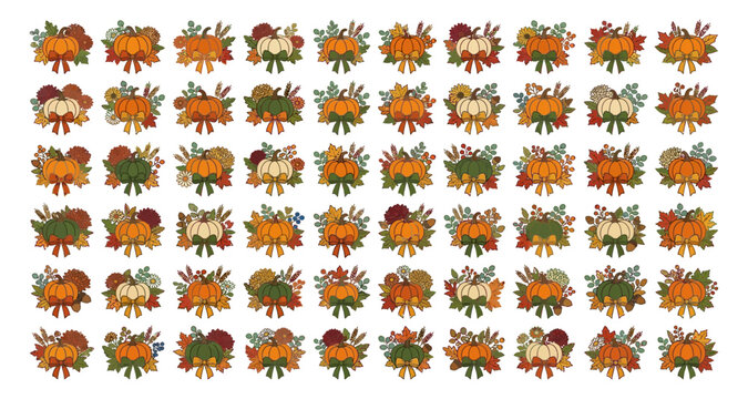 Set of cute autumn pumpkin arrangements with bows leaves flowers wheat isolated vector graphics arrangement collection seasonal decoration vegetable isolated november thanksgiving traditional