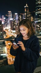 Fototapeta premium Young girl using a smartphone on a balcony overlooking a city skyline at night