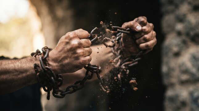 Man breaking heavy metal chains into pieces