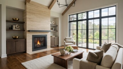 Fototapeta premium Modern living room interior with stone fireplace and large windows