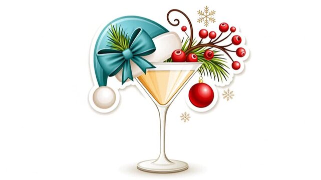 Martini glass, Santa hat, Christmas tree branch, flat style design on white background