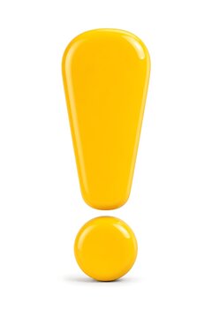 A bright yellow, shiny exclamation mark isolated on a white background, signifying importance or a warning