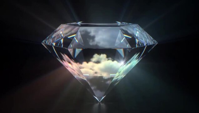 A beautiful sparkling diamond reflecting clouds in a dark background.