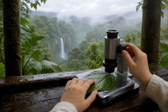 Child Hands Examining Rainforest Leaf with Portable Microscope and Copy Space
