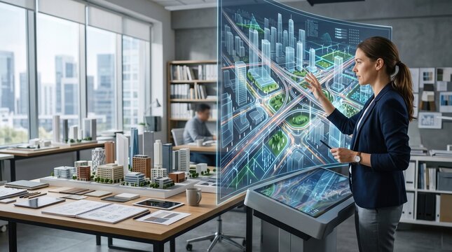 Urban planner interacting with a transparent digital holographic map display in an architectural firm.