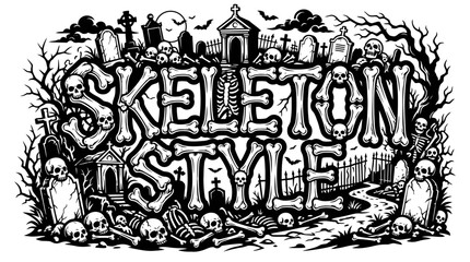 Naklejka premium Skeleton style lettering is surrounded by skulls, bones, and tombstones in a detailed horror graphic.